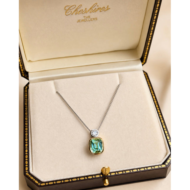 Cushion Cut Mint Tourmaline and Diamond Pendant in Yellow and White Gold