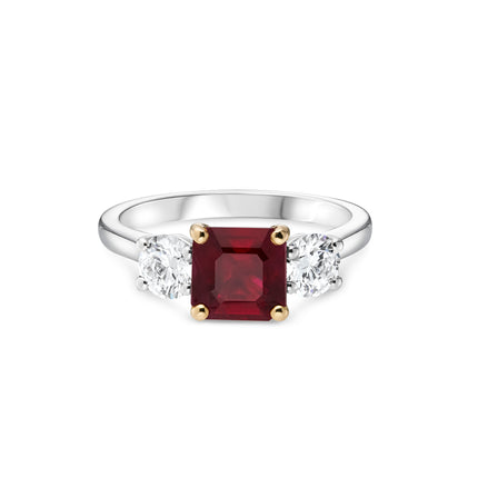 2.02ct Emerald Cut Ruby and Diamond Trilogy Ring in Platinum and Rose Gold