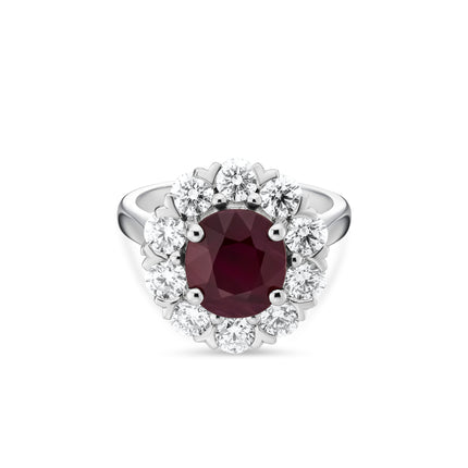 4.21ct Oval Cut Ruby and Diamond Cluster Ring in Platinum