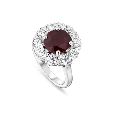 4.21ct Oval Cut Ruby and Diamond Cluster Ring in Platinum